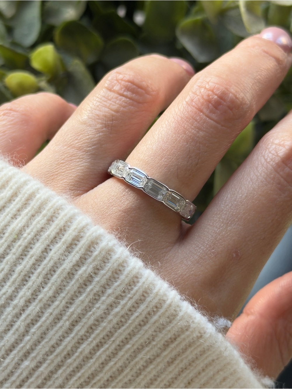5.2cttw moissanite Emerald Cut Bezel Eternity Band size 7 & 8